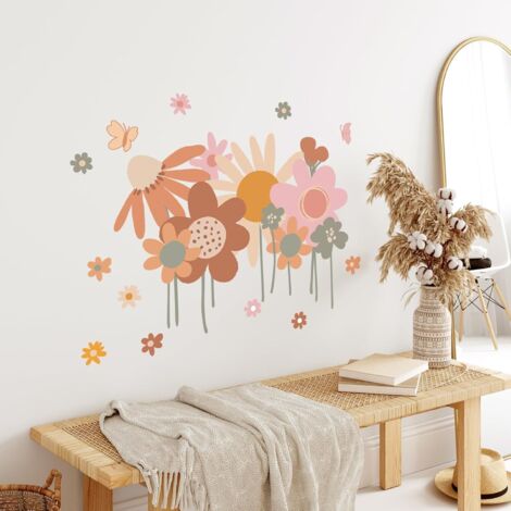 Wondever Stickers Muraux Fleurs Bleues Boho Autocollants Muraux Mural Stickers Fleur Herbe Papillon Pour Chambre Salon Mur TV