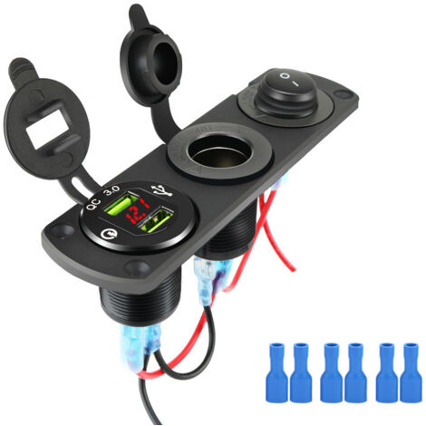 Double Panneau de Prise de Chargeur de Voiture USB avec séparateur de Prise d'allume-Cigarette 12V, voltmètre à LED et commutateur indépendant (1/5)