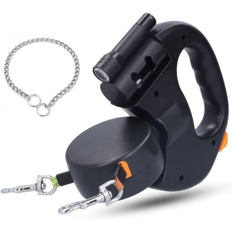 Laisse Double pour 2 Chiens,Laisse Chien Enrouleur pour Chien Jusqu'à 25kg/55 lb,Ruban en Nylon Solide Extensible à 3M, avec Coutures réfléchissantes Lumineuses, Livré avec une laisse en métal pour ch