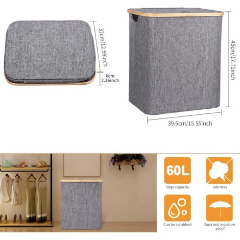 Aokyom Panier à Linge 60L Pliable - En Tissu Oxford Cationique, 40x33x45 Cm, Avec Couvercle Et Poignée, 4 Tiges De Bambou, Autoportant, Pour Chambre, Salle De Bain, Buanderie