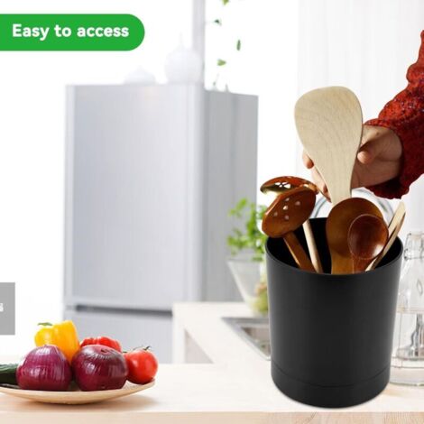 Porte-ustensiles Pivotant 360° - 4 Compartiments Acier Inoxydable Noir - Avec Base De Drainage - 17x12 Cm