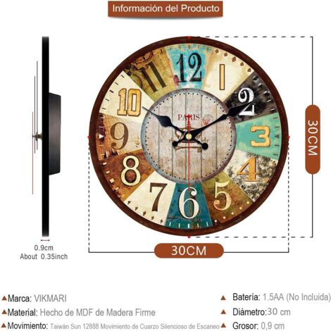 Horloge Murale Ronde En Bois 30 Cm - Quartz Silencieux - Vintage Fluorescent - Neuf