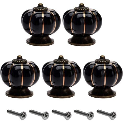 Lot De 6 Boutons De Tiroir En Céramique Vintage – Cercle Doré Sur Fond Noir, Visserie Incluse