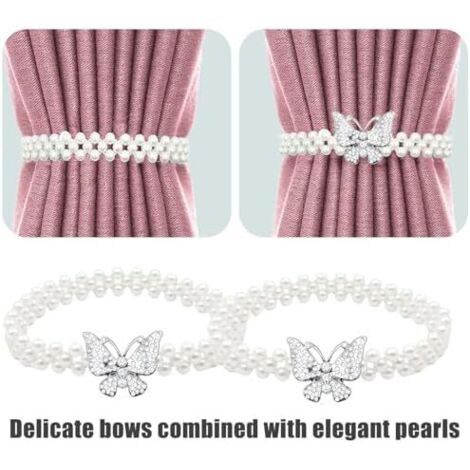 2 Paires Embrasses Rideaux Papillon Perles - Attaches Sans Percage Argent