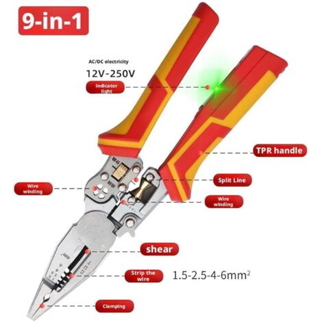 Pince à Dénuder Multifonction 8 En 1 Avec Testeur De Tension - Outil Électricien Professionnel