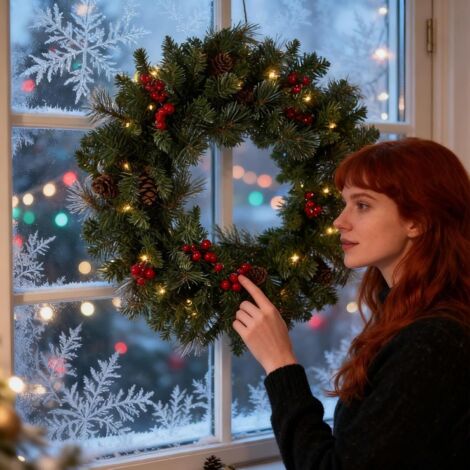 Couronne De Noël Artificielle 30cm Avec Crochet - Décoration Porte Mur Cheminée Festive Luxuriante