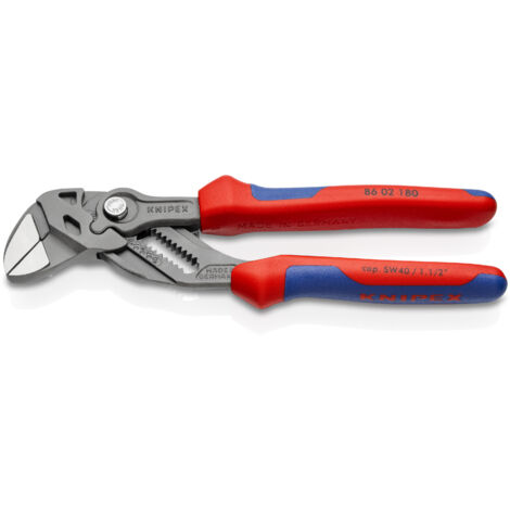 KNIPEX 86 02 180 SB Zangenschlüssel Zange und Schraubenschlüssel in einem Werkzeug mit Mehrkomponenten-Hüllen grau atramentiert 180 mm