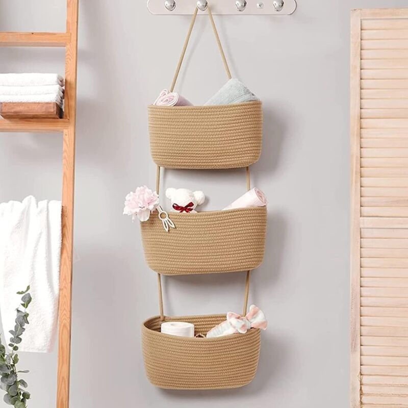Organisateur Porte 3 Niveaux En Corde De Coton - Panier Suspendu Pour Rangement Chambre, Salle De Bain | Maxi Storage