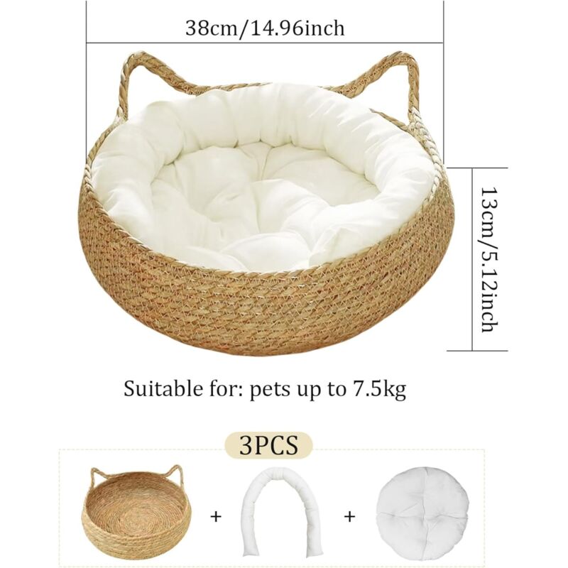 Panier Tressé Coton Pour Chat/Chiot - Diam. 35/40/50 Cm, Tapis Amovible, Lavable, Intérieur/Extérieur - 7