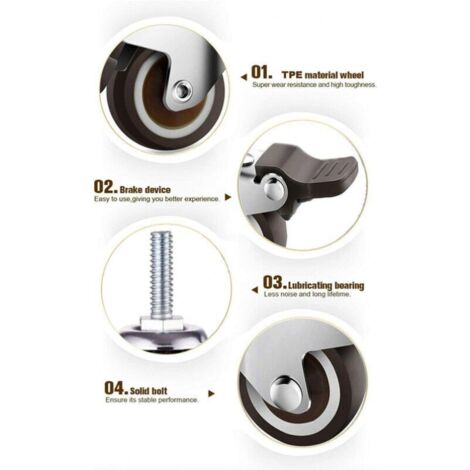 Houseables Lot De 4 Roulettes Industrielles Filetées 75mm - Charge 68kg Par Roue Avec Freins