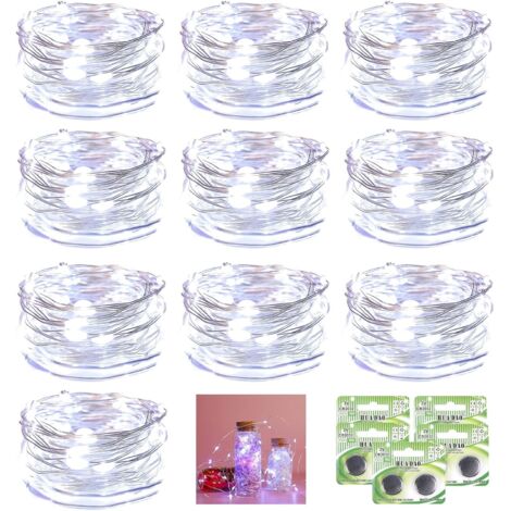 10 Pack 2M 20LED Guirlandes Lumineuses à Piles, Fil led lumineux de Cuivre Étanche pour Décoration Noël Chambre Mariage Soirée Maison Jardin(10 Piles Supplémentaires, Blanc Froid)