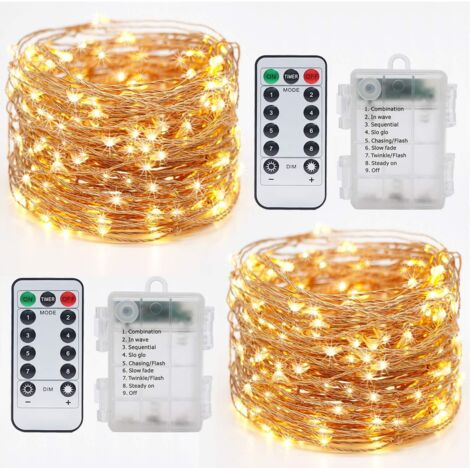 [Lot de 2] Guirlande Lumineuse a Pile, 10M 100LED Guirlande Led à Pile avec Télécommande 8 Modes Fonction Minuterie IP65 Etanche Fil Lumineux Décoration Intérieur Extérieur Chambre Noël Mariage Jardin