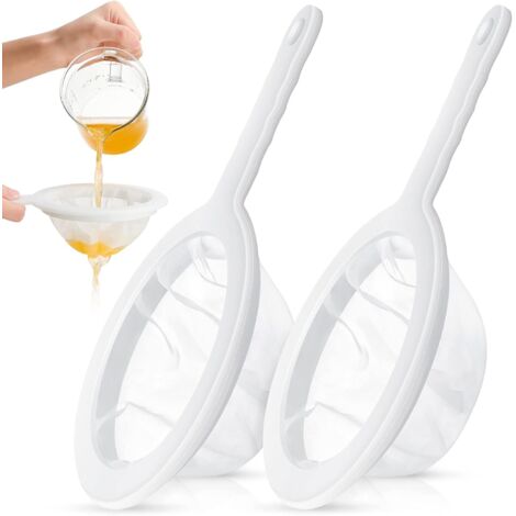 2 Pièces Passoire à Mailles Fines Passoire à Yaourt en Maille de Nylon Passoire en Plastique à Mailles Ultra Fines Mini Passoire à Jus Passoire à Miel Blanc avec Poignée pour Lait Soja Vin