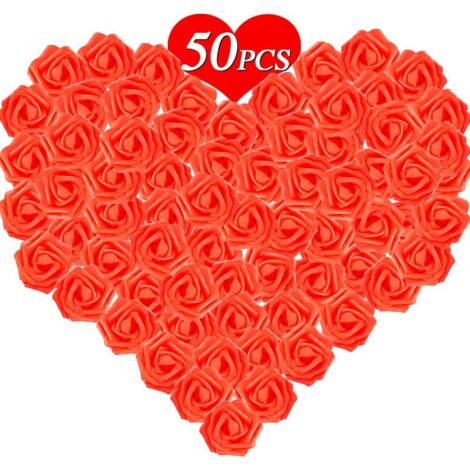 50PCS Rose Blanche Artificielle 7cm Tête de Fleur Blanc Décoration Mariage Party Cérémonie Accessoire de Cheveux (Rouge)