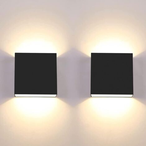 Lot de 2 appliques murales LED 7 W modernes pour intérieur, lumière blanche chaude 3 000 K, carrées, noires