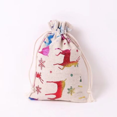 Lot de 10 sacs en lin avec cordon de serrage, motif étoiles, idéal pour Noël, motif flocon de neige et élan, 10 x 14 cm (1/4)