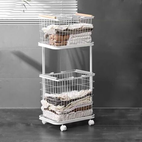 Panier à linge, panier à linge à 2 niveaux avec roulettes métalliques verrouillables, chariot de rangement, panier de rangement, chariot de rangement, étagère avec panier à linge amovible (1/5)