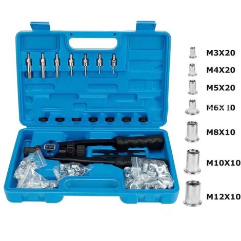 Kit d'installation d'écrou avec 100 mandrins métriques assortis M3/M4/M5/M6/M8/M10/M12 et étui de transport moulé- (1/5)