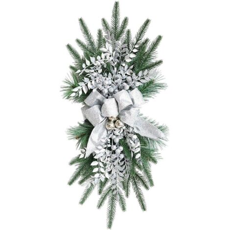 Guirlande de Noël artificielle 22'' en forme de larme avec grand nœud imprimé, boules de Noël, rose, neige, branches givrées, couronne d'escalier pour décoration intérieure C