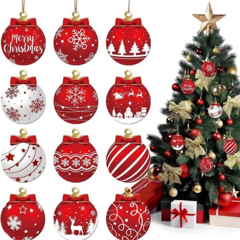 Lot de 12 boules de Noël rouges et blanches à suspendre en bois - Décorations festives pour sapin de Noël avec flocons de neige, rennes et Père Noël