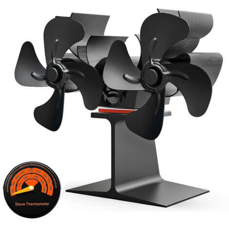 Ventilateur thermique à double moteur Heat pour poêle à bois, à gaz ou à granulés, avec thermomètre magnétique intégré, noir. Compatible avec les poêles à bois, à gaz et à granulés