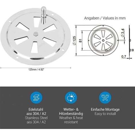 Grille aération VMC Ouverture Ventilation Acier Inoxydable Évents d'Aération Yacht Marin Grille d'Aération Ventilateur En Acier Inoxydable Plaque d'Aération Pour Yacht, Bateau, Camping-Car, Maison 125 (1/4)
