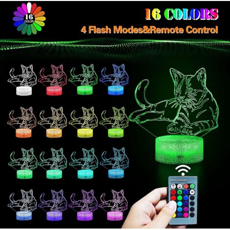 Veilleuse　Veilleuse Chat 3D LED Lampe Optique Illusion Veilleuse Enfant Lampe de Chevet Table Bureau Cadeaux Pour Filles Garçons 16 Couleurs avec Télécommande-RAPANDA