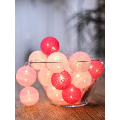 Guirlande lumineuse dextérieur Guirlande Rose Lumineuse Coton Boules Batterie - 3.3M 20 lumières LED Éclairage pour Chambre Rideau Fête Noël Anniversaire Halloween Mariage Chambre de Bébé Romantique