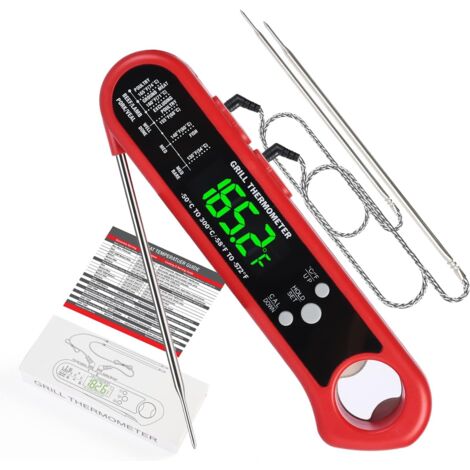 Thermomètre à viande à lecture instantanée, thermomètre à viande 3 en 1 avec trois sondes, thermomètre de barbecue étanche avec rétroéclairage et étalonnage, thermomètre de cuisine facile à utiliser