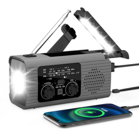 Radio d'urgence à manivelle avec batterie externe de 4000 mAh (chargeur de téléphone), rechargeable par USB et énergie solaire — Radio météo portable avec alarme SOS et lampe torche LED pour situation (1/5)