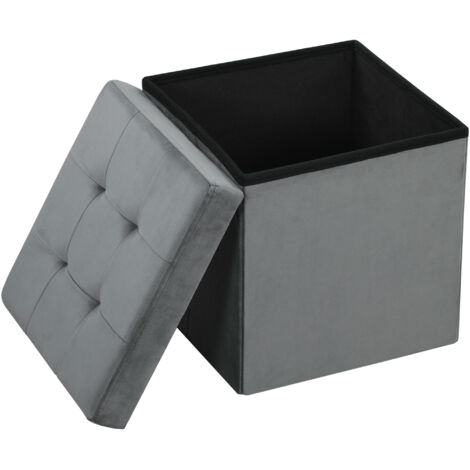 Pouf coffre rangement pliable, tabouret carré 37,6 L en tissu velours, charge 120 Kg, 38 x 38 x 38 cm, gris