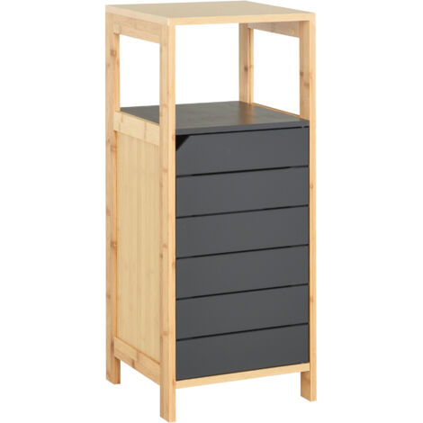 Meubles de Salle de Bain sur Pied Armoire de Rangement Colonne Gain de place avec Porte et tiroir en Bois et Bambou 32L x 30l x 80H cm (1/5)