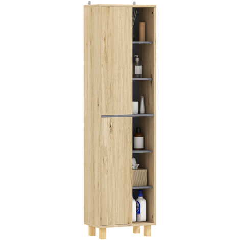 Meuble colonne salle de bain, armoire de salle de bain avec 6 compartiments ouverts et 2 placards, bois naturel