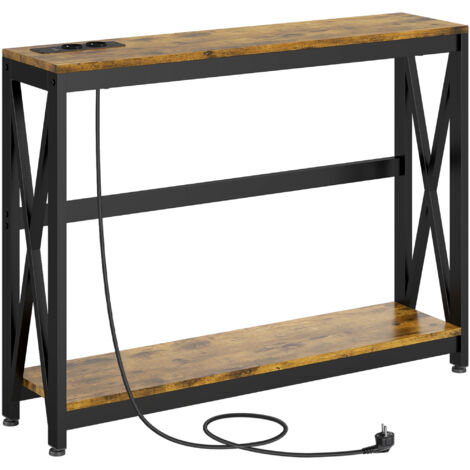 Console meuble étroite à 2 niveaux style industriel avec prises de courant et USB, 100 x 24 x 75 cm, marron