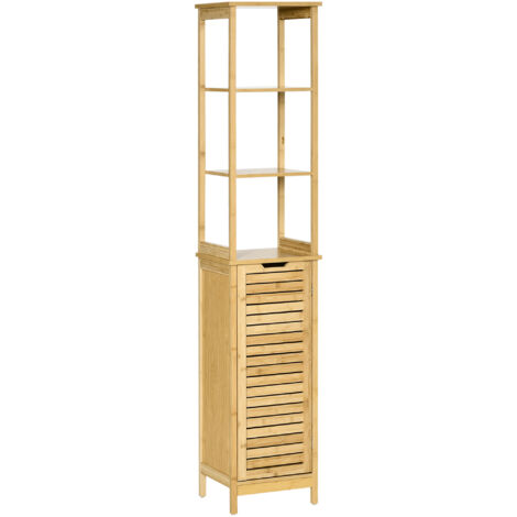 Meuble colonne de salle de bain avec 3 étagères et placard porte persienne en bambou