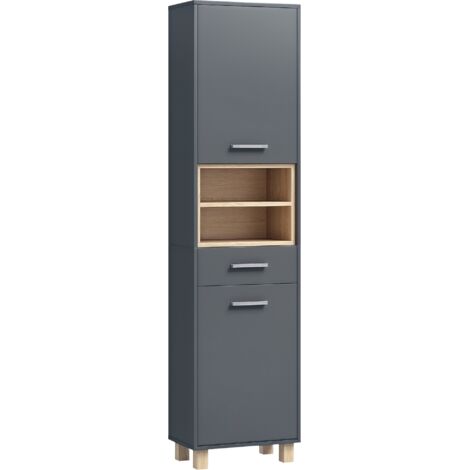Colonne salle de bain, meuble salle de bain rangement avec 2 placards, tiroir et 2 compartiments ouverts, gris