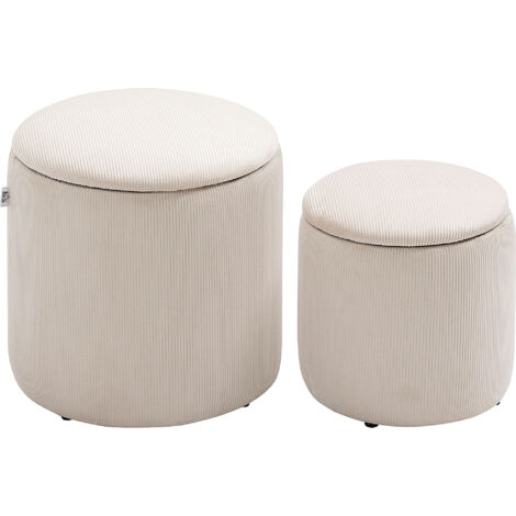 Lot de 2 poufs tabourets repose-pieds coffre de rangement en tissu aspect velours côtelé Ø40 cm et Ø30 cm, crème