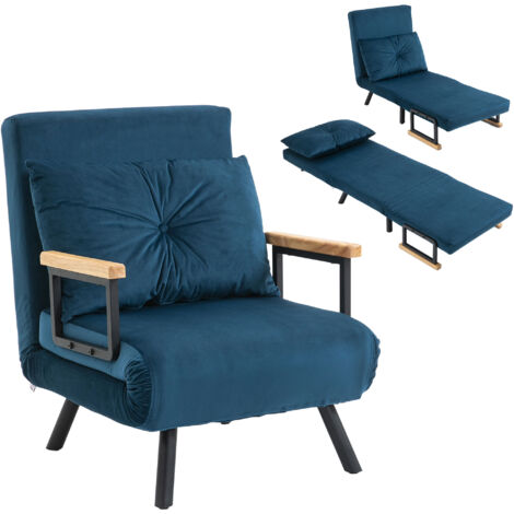 Fauteuil convertible 3 en 1 lit 1 place dossier 5 positions, accoudoirs en bois et coussin, tissu effet velours, bleu