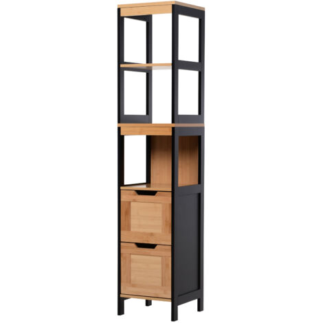 Meuble Colonne Rangement Salle de Bain Style Cosy dim. 30L x 30l x 144H cm 3 étagères 2 tiroirs Bambou Noir
