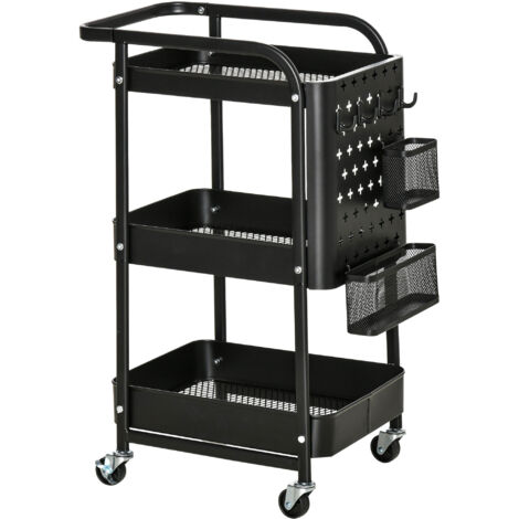 Desserte chariot de rangement pour bureau en métal chariot de service à roulettes 3 niveaux avec 2 range-couverts 4 crochets dim.51,5L x 32l x 75,6H cm - noir