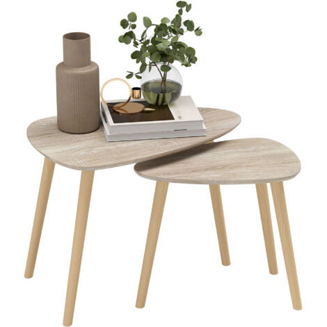 Lot de 2 tables basses gigognes design scandinave pieds en bois et plateau en bois, aspect naturel