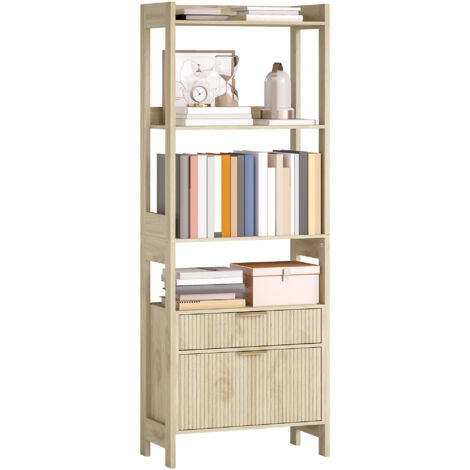 Bibliothèque haute, meuble de rangement avec 4 étagères ouvertes et 2 tiroirs cannelés, 60 x 30 x 160 cm, bois naturel (1/5)