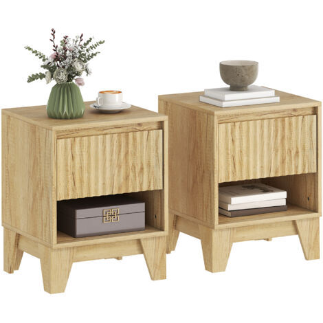 Lot de 2 tables de chevet étroite, table d'appoint compartiment ouvert 1 tiroir, panneaux cannelés 43x40x55cm naturel