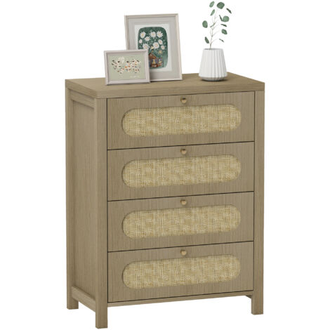 Commode 4 tiroirs meuble de rangement style bohémienne avec portes résine tressée, 70 x 38 x 93 cm, effet bois naturel