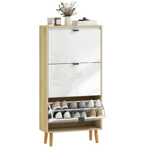 Meuble à chaussures, armoire à chaussures étroite, 3 tiroirs rabattables, porte haute brillante, 60x24x127cm, blanc (1/5)
