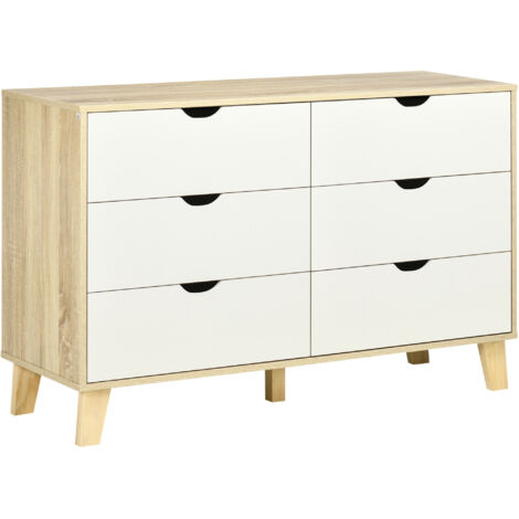 Commode 6 tiroirs style scandinave, meuble de rangement - dim. 120l x 40P x 76H cm, aspect bois et beige