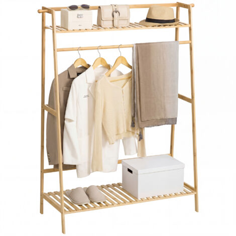 Portant à vêtements penderie porte-manteau avec 2 étagères 2 crochets et 1 barre de suspension en bambou