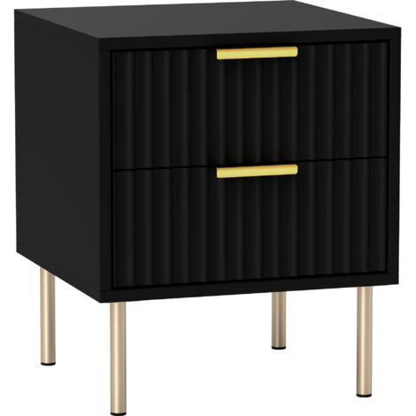 Table de chevet, table de nuit cannelée avec 2 tiroirs et pieds en acier, pour chambre à coucher, salon, noir