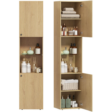 Armoire salle de bain haute, meuble de rangement colonne 6 niveaux 2 portes et étagères réglables, 40x31x182cm, chêne
