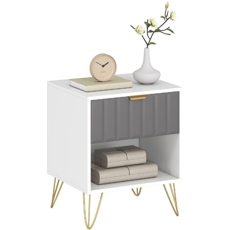 Table de chevet, table d'appoint compartiment ouvert, tiroir et poignée, pieds en acier, 45 x 40 x 55, blanc